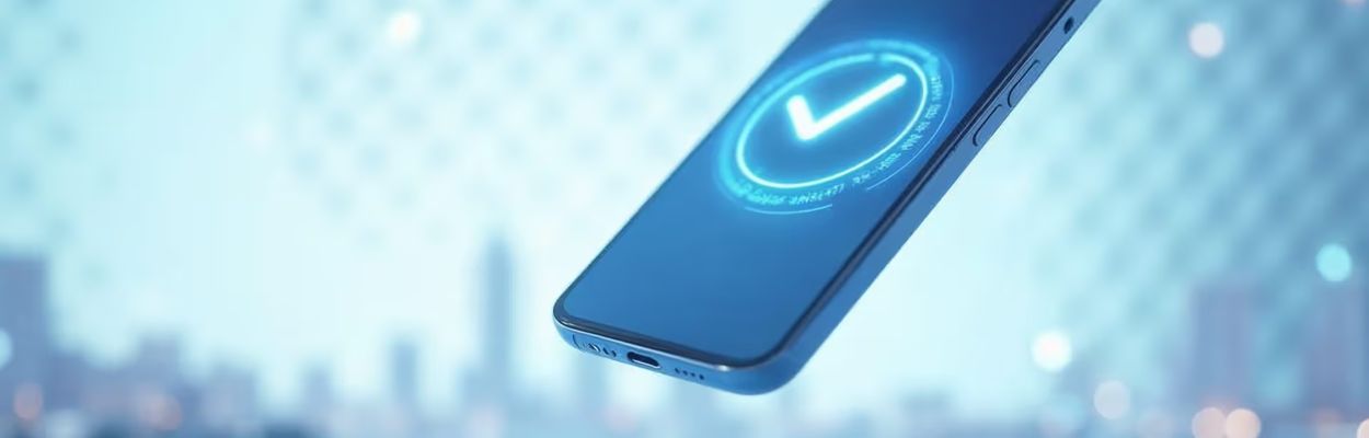 Smartphone showing a PayID banking app confirmation on a light blue tech background