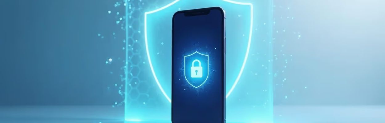 Smartphone displaying a PayID security shield icon over a blue security mesh background