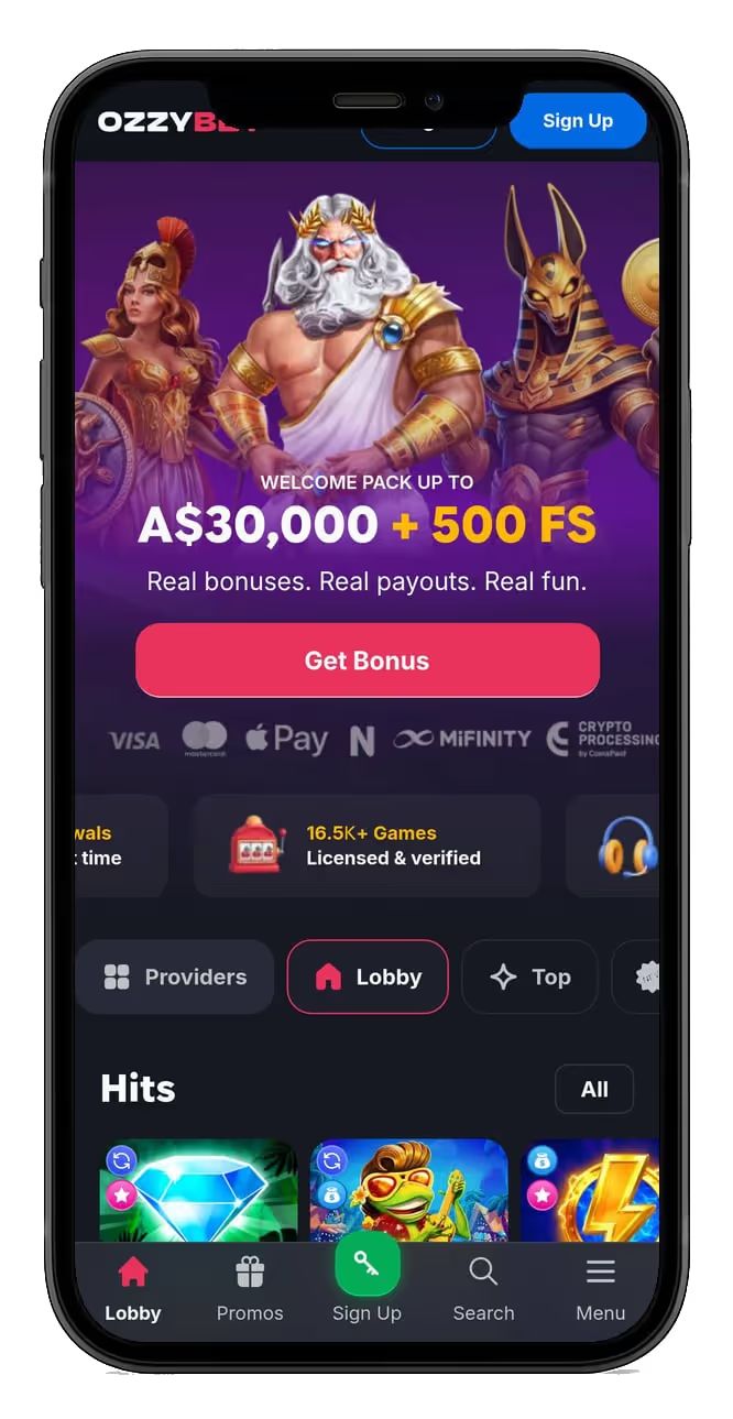OzzyBet Casino homepage on mobile