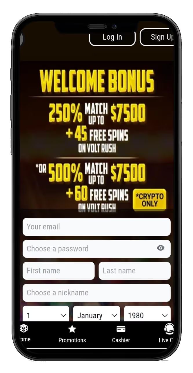 Grand Rush Casino homepage on mobile